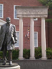 [photo, Thurgood Marshall statue at Legislative Services Building entrance, Lawyers' Mall, Annapolis, Maryland]